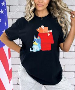 Bluey and Bingo hanging out at Snoopy’s dog house Bluenuts mashup shirt