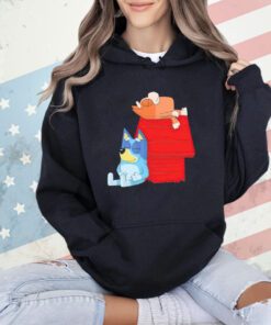 Bluey and Bingo hanging out at Snoopy’s dog house Bluenuts mashup shirt