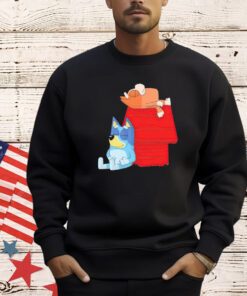 Bluey and Bingo hanging out at Snoopy’s dog house Bluenuts mashup shirt