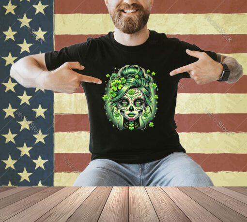 St Patricks Day Sugar Skull Messy Bun Irish Shamrock Green T-Shirt
